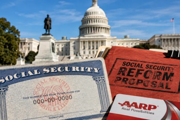 AARP card and Social Security card beside a reform proposal with the U.S. Capitol in the background.
