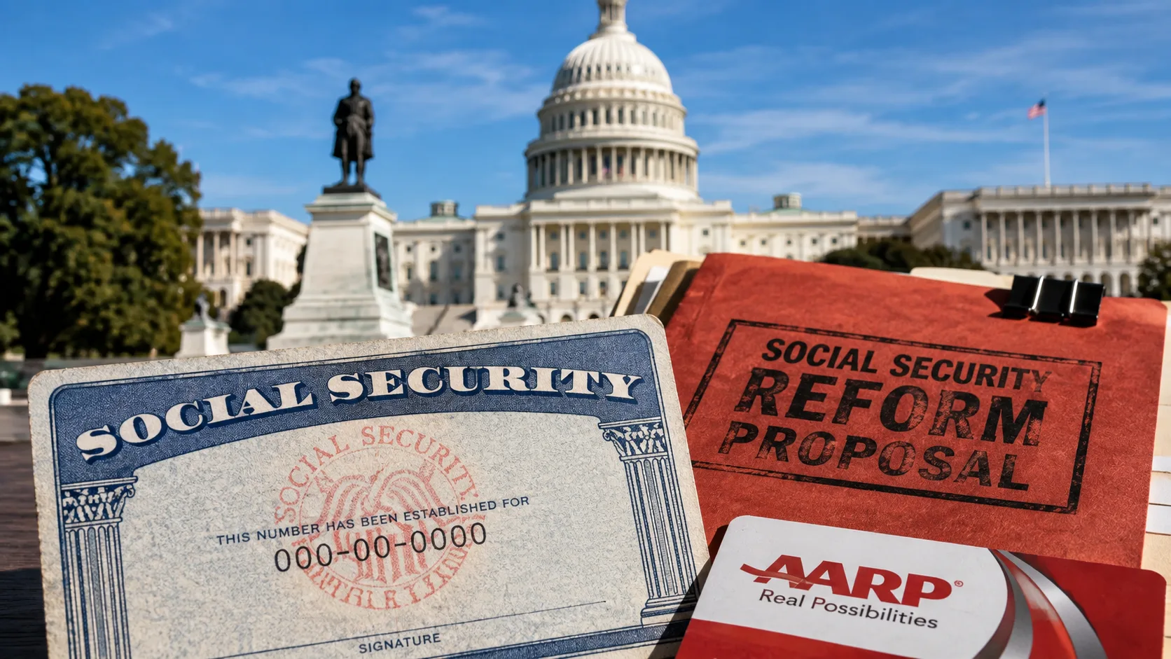 AARP card and Social Security card beside a reform proposal with the U.S. Capitol in the background.
