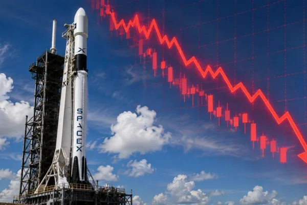 SpaceX stock falls after earnings as a SpaceX rocket stands on the launch pad beneath a downward red stock market chart.