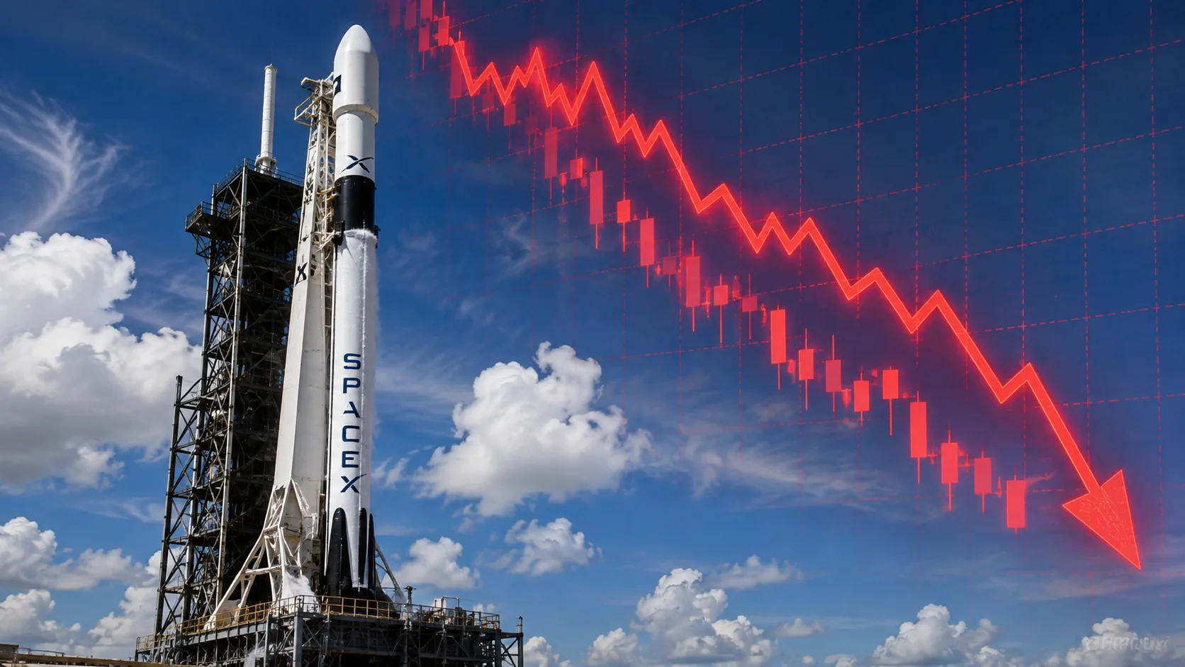 SpaceX stock falls after earnings as a SpaceX rocket stands on the launch pad beneath a downward red stock market chart.