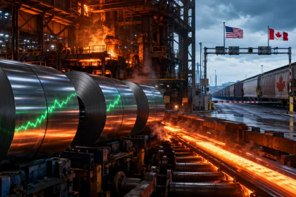 U.S. steel coils and rising stock chart as U.S.-Canada tariff tensions escalate