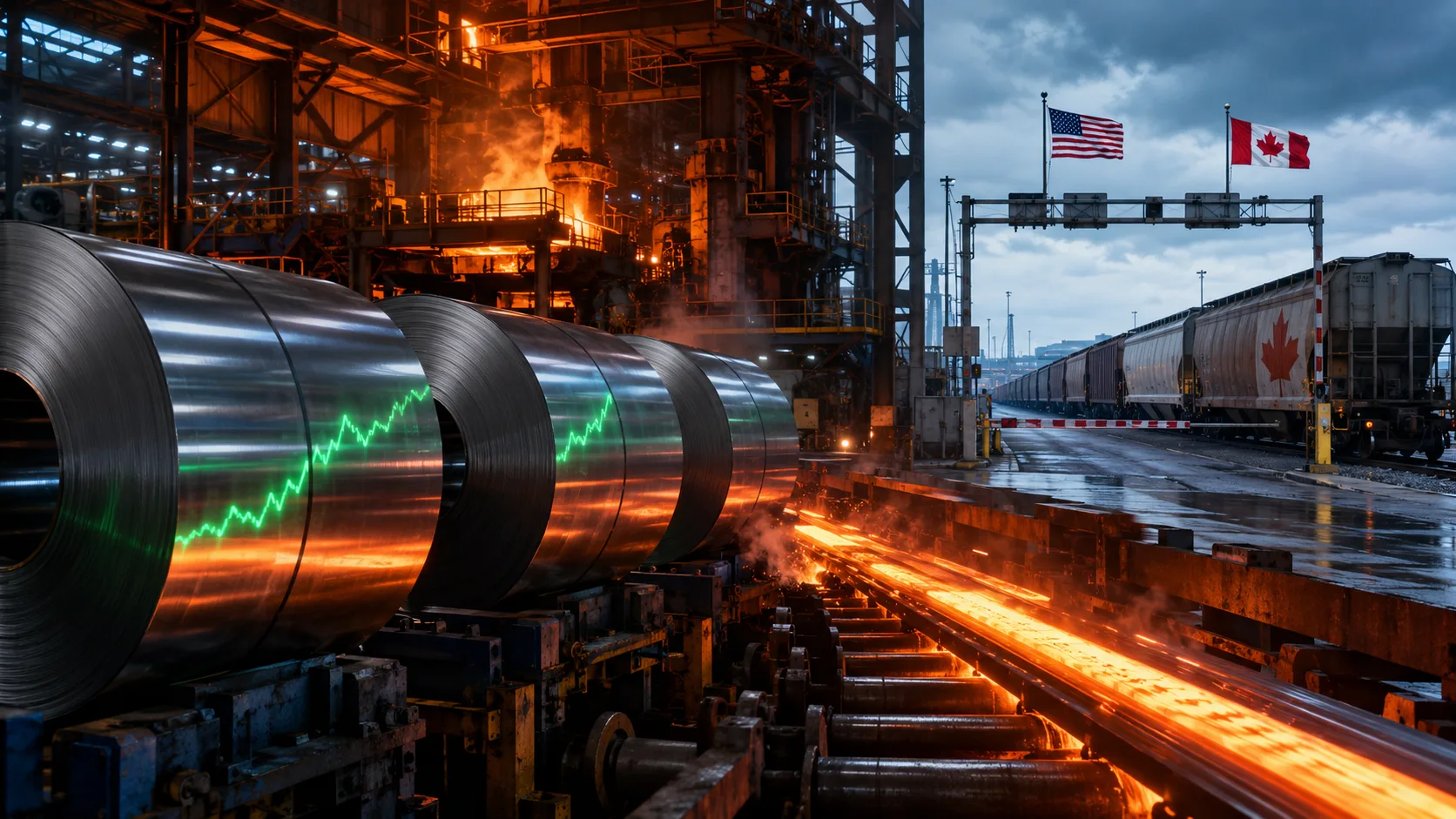 U.S. steel coils and rising stock chart as U.S.-Canada tariff tensions escalate