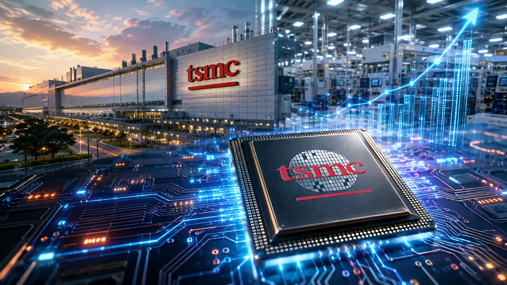 TSMC semiconductor chip and fabrication plant illustrating surging AI chip demand and 45% sales growth.
