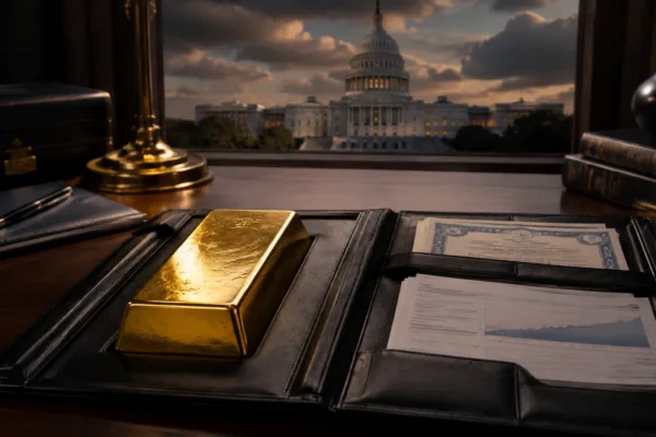 Gold bar displayed in a retirement investment portfolio with the U.S. Capitol in the background.