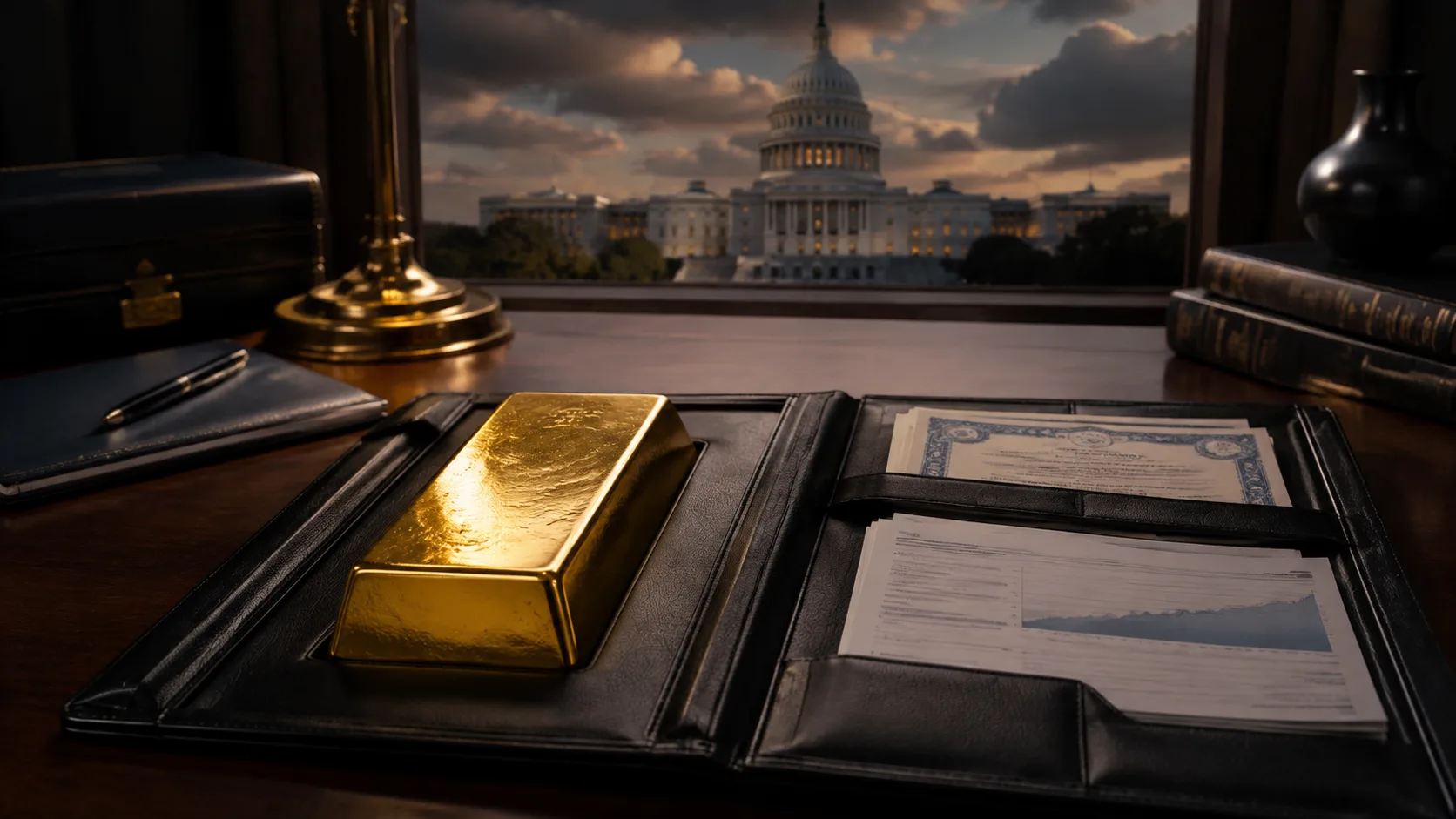 Gold bar displayed in a retirement investment portfolio with the U.S. Capitol in the background.