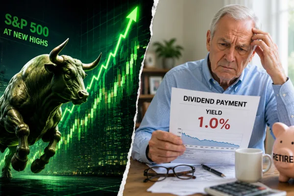 Concerned retiree reviews a low dividend yield investment statement as a soaring stock market rally highlights the challenges retirees face generating retirement income.