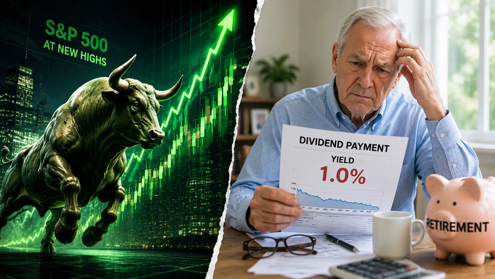 Concerned retiree reviews a low dividend yield investment statement as a soaring stock market rally highlights the challenges retirees face generating retirement income.