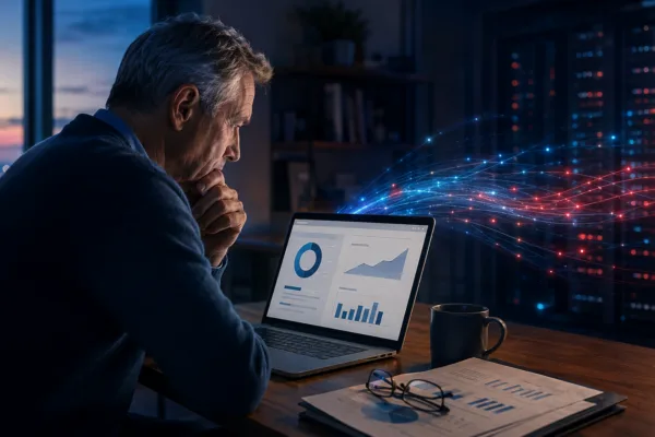 Retirement saver reviewing his 401(k) as personal financial data flows to third-party servers.