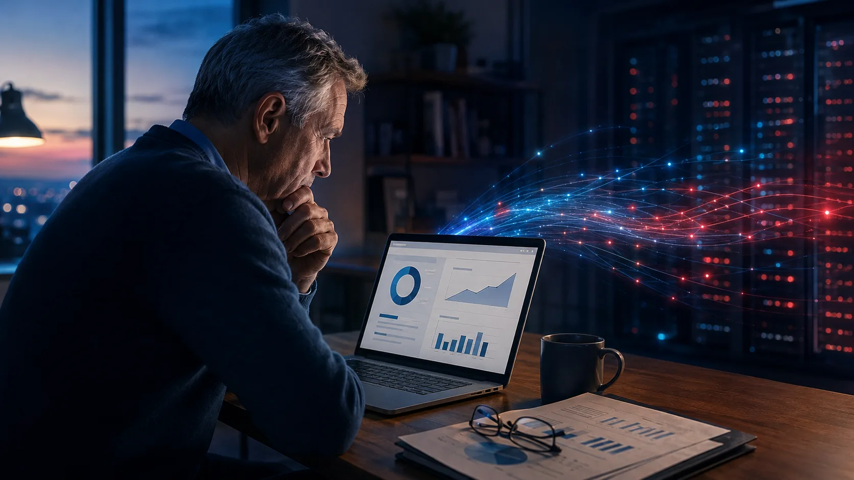 Retirement saver reviewing his 401(k) as personal financial data flows to third-party servers.