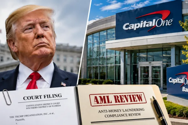 Donald Trump alongside a Capital One bank branch and court filing illustrating the bank's claim that it closed more than 300 Trump Organization accounts following an anti-money laundering review.
