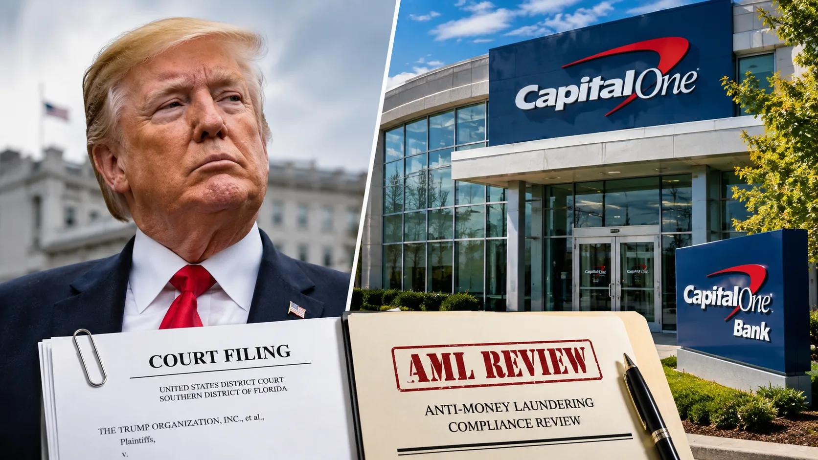 Donald Trump alongside a Capital One bank branch and court filing illustrating the bank's claim that it closed more than 300 Trump Organization accounts following an anti-money laundering review.