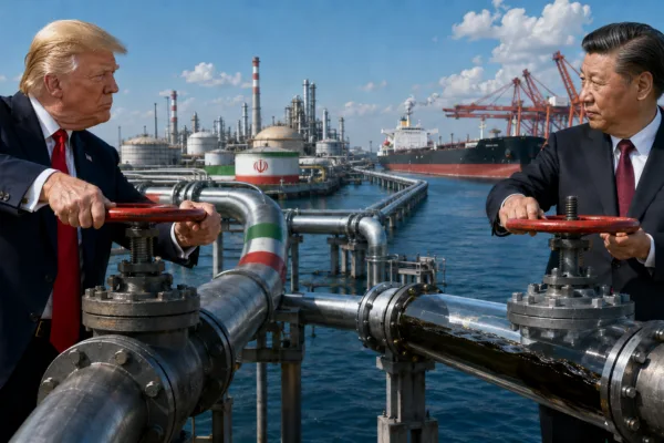Donald Trump and Xi Jinping face each other in frustration while controlling valves on pipelines carrying Iranian oil to China.