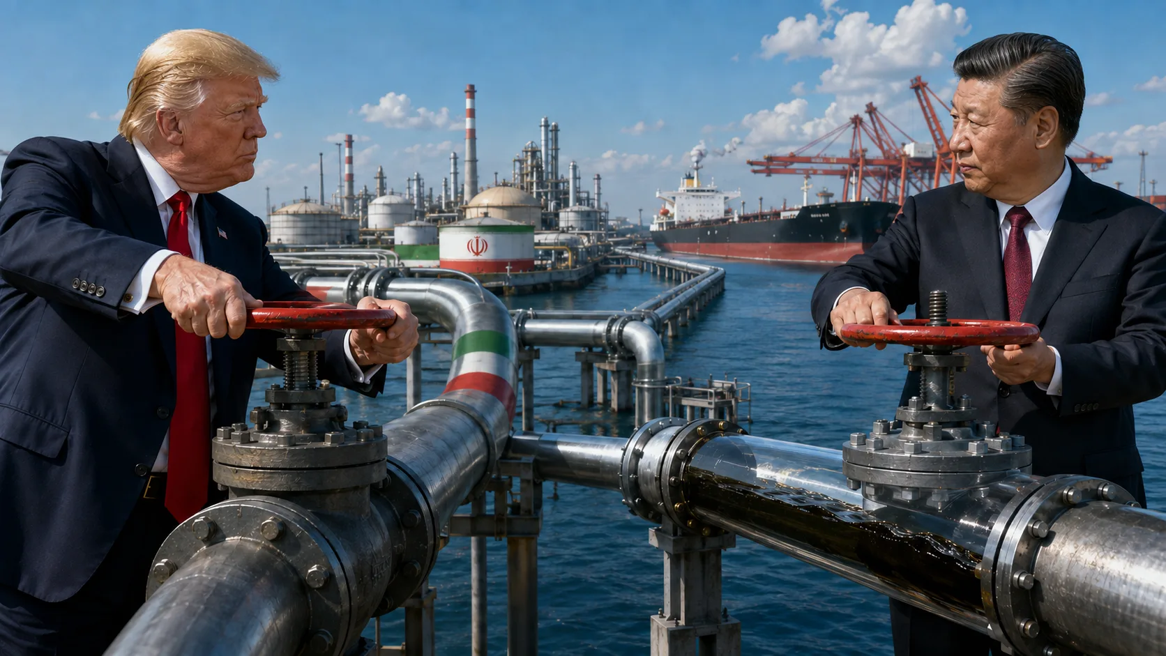 Donald Trump and Xi Jinping face each other in frustration while controlling valves on pipelines carrying Iranian oil to China.