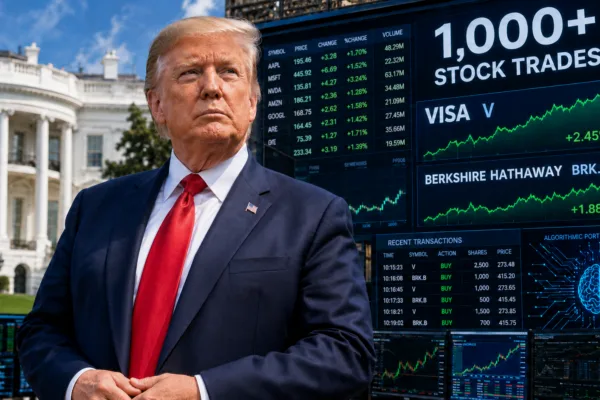 President Donald Trump beside stock market screens showing more than 1,000 trades, including Visa and Berkshire Hathaway shares.