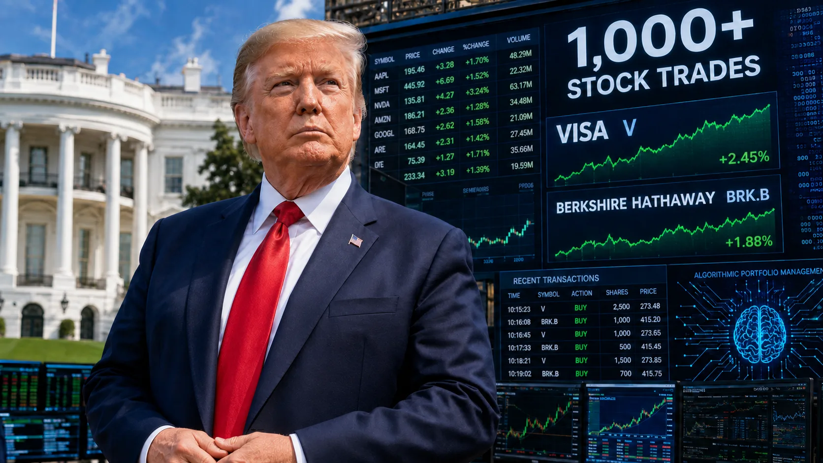 President Donald Trump beside stock market screens showing more than 1,000 trades, including Visa and Berkshire Hathaway shares.