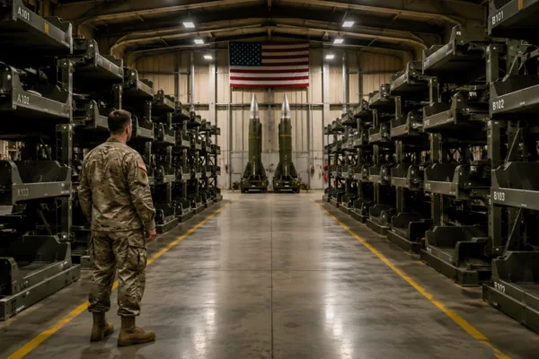 U.S. Army missile storage facility with nearly empty racks illustrating the reported depletion of America's long-range precision missile stockpile during the Iran war.