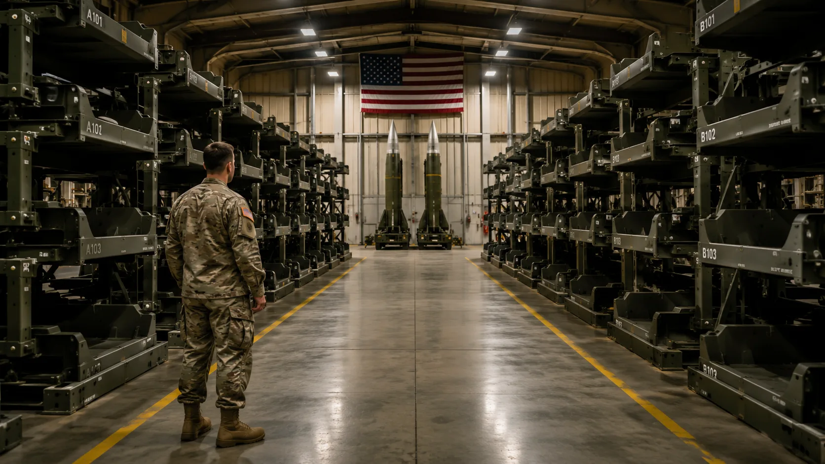 U.S. Army missile storage facility with nearly empty racks illustrating the reported depletion of America's long-range precision missile stockpile during the Iran war.