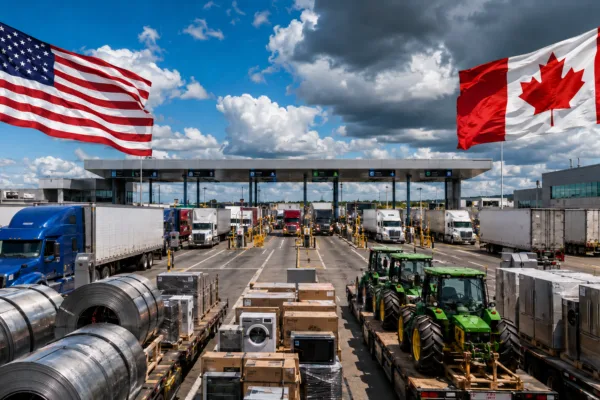 U.S. and Canadian flags above freight trucks carrying steel, electronics, appliances and farm equipment amid escalating tariffs.