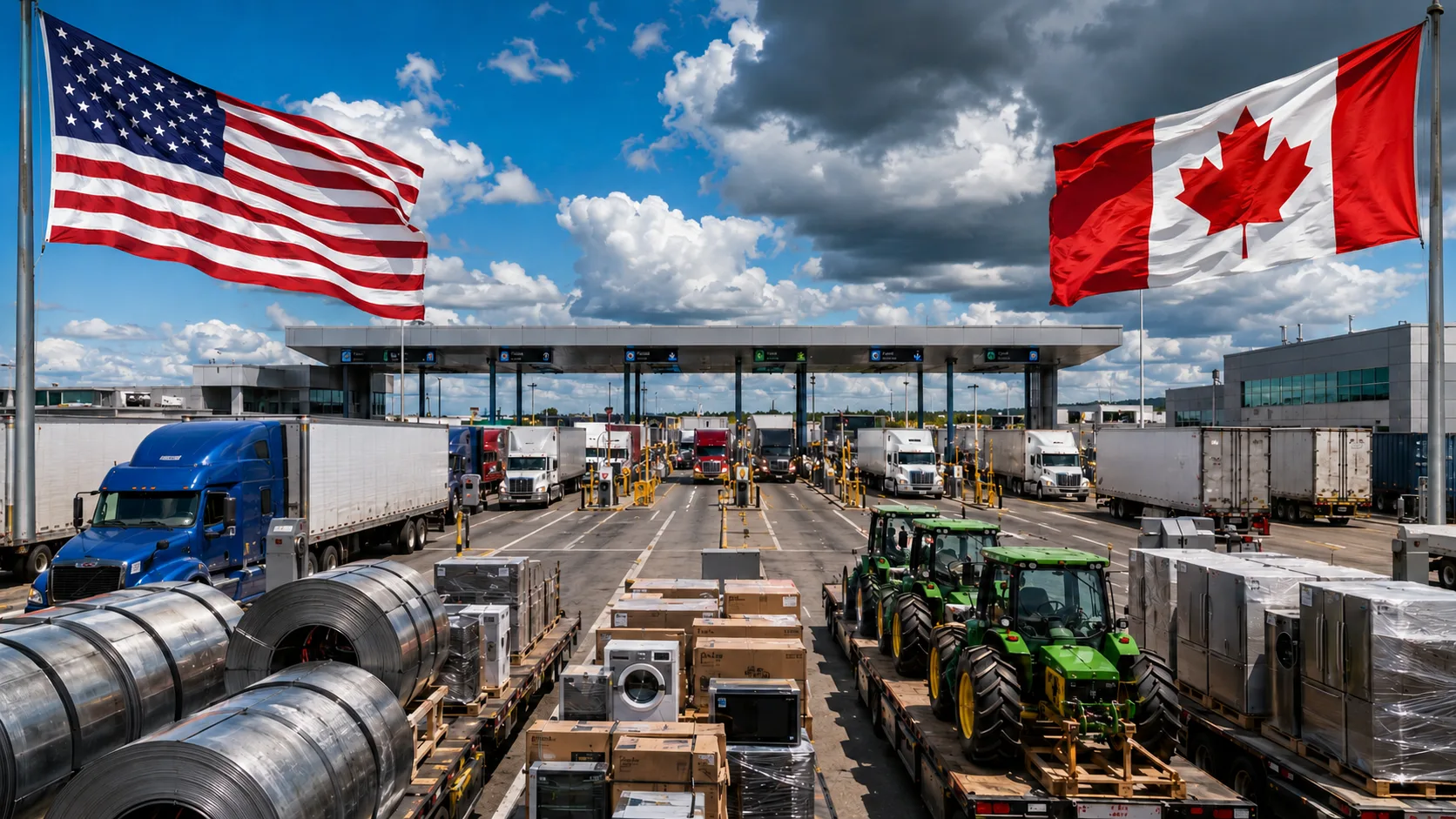 U.S. and Canadian flags above freight trucks carrying steel, electronics, appliances and farm equipment amid escalating tariffs.