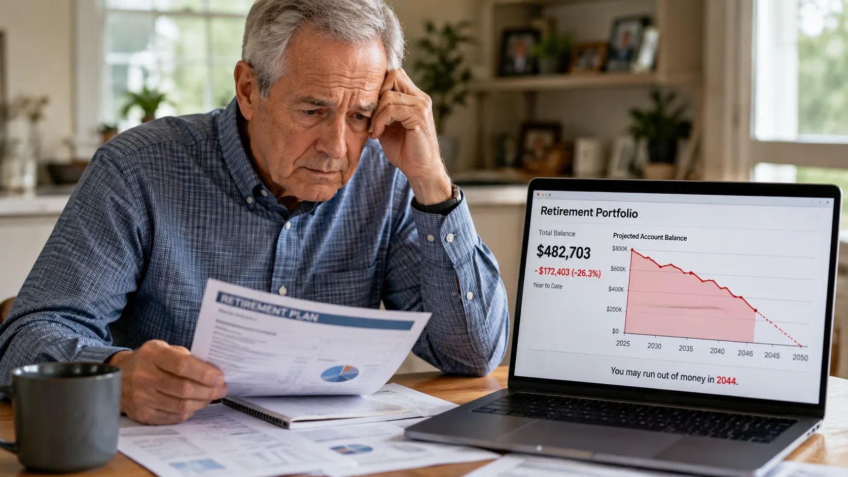 Retiree reviewing a declining investment portfolio as concerns grow about running out of money in retirement.