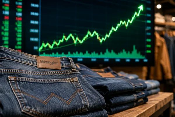 Wrangler jeans displayed in front of a rising stock market chart as UBS sees 67% upside for Kontoor Brands stock