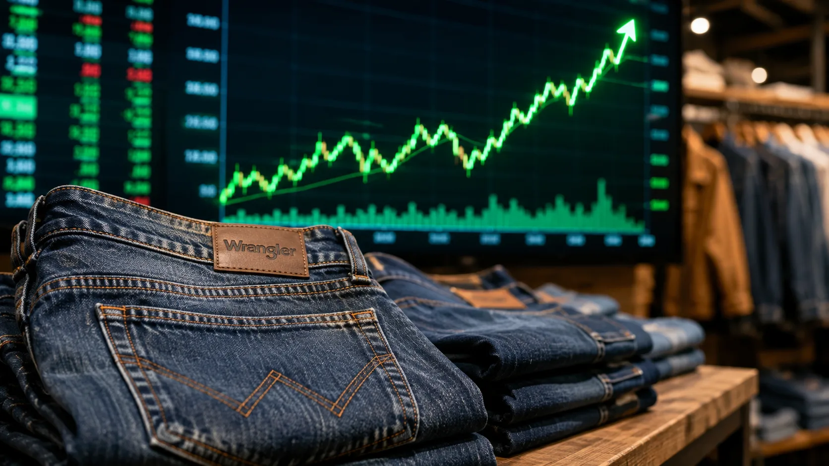 Wrangler jeans displayed in front of a rising stock market chart as UBS sees 67% upside for Kontoor Brands stock