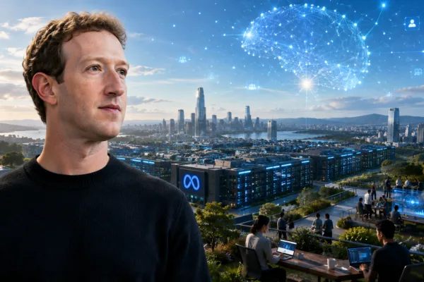 Mark Zuckerberg looks toward a futuristic Meta AI data center as the company advances its vision for artificial intelligence and superintelligence.
