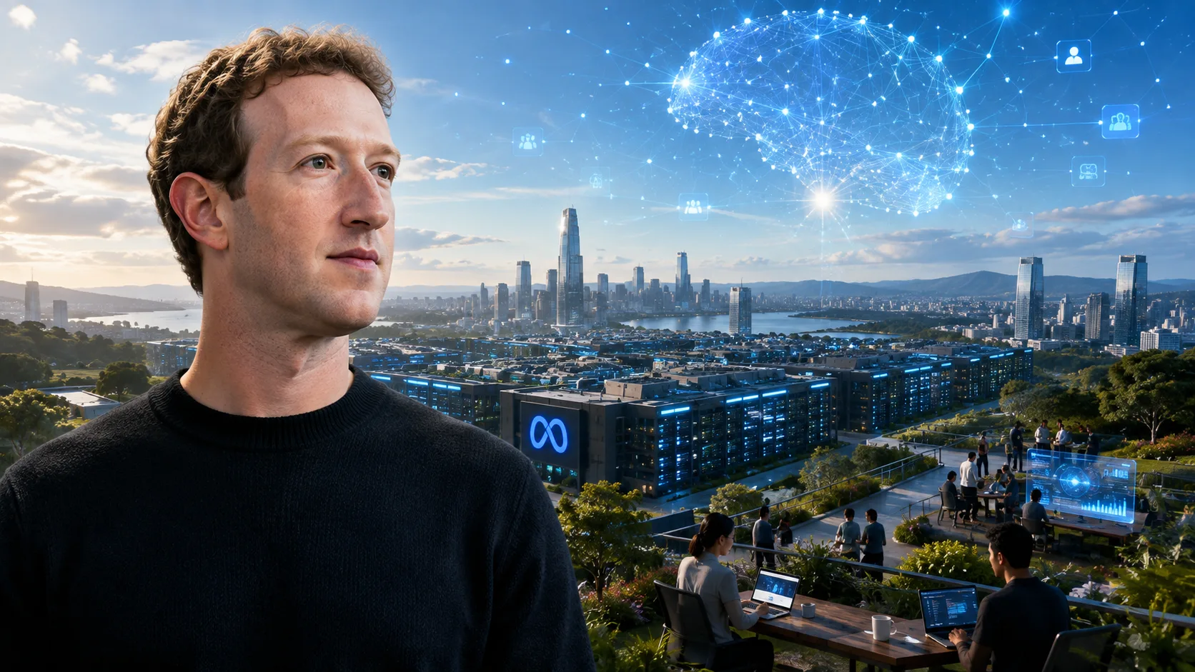 Mark Zuckerberg looks toward a futuristic Meta AI data center as the company advances its vision for artificial intelligence and superintelligence.