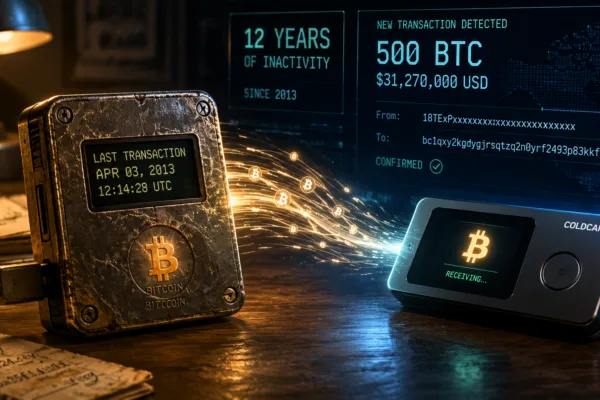 A long-dormant Bitcoin wallet transfers 500 BTC worth $31 million to a new wallet following the Coldcard security hack.