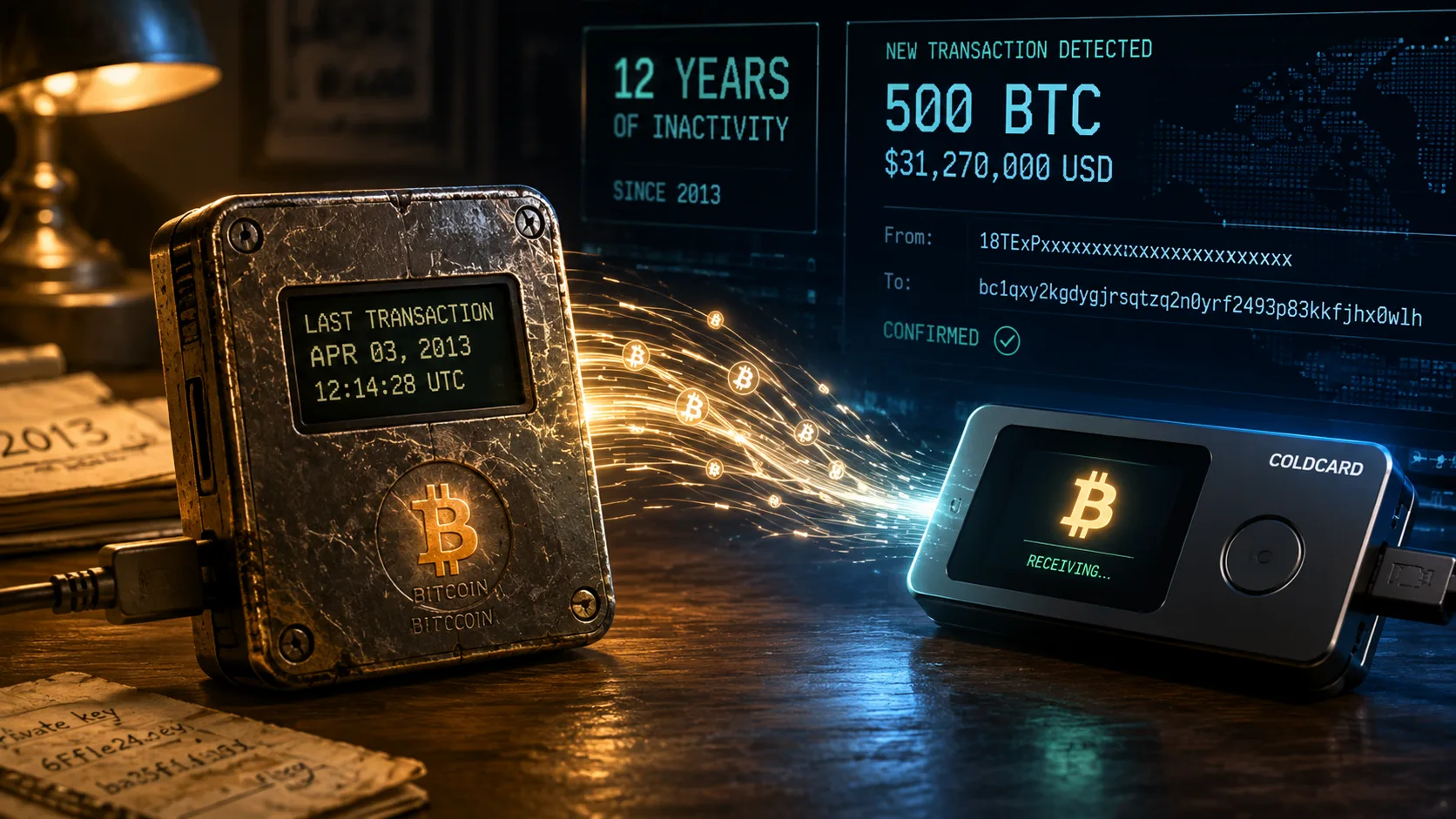 A long-dormant Bitcoin wallet transfers 500 BTC worth $31 million to a new wallet following the Coldcard security hack.
