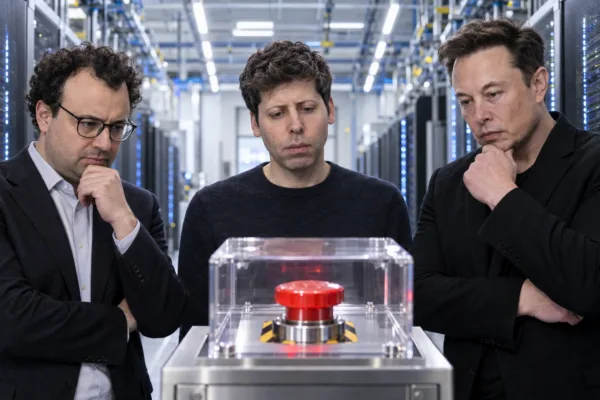Dario Amodei, Sam Altman and Elon Musk beside an emergency stop button inside an advanced AI data center.