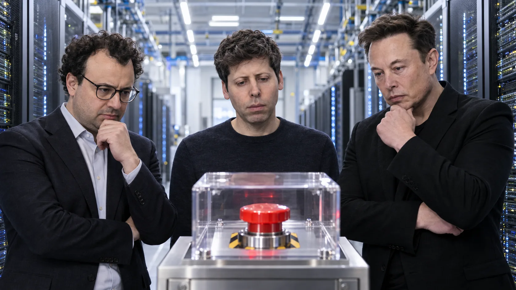 Dario Amodei, Sam Altman and Elon Musk beside an emergency stop button inside an advanced AI data center.