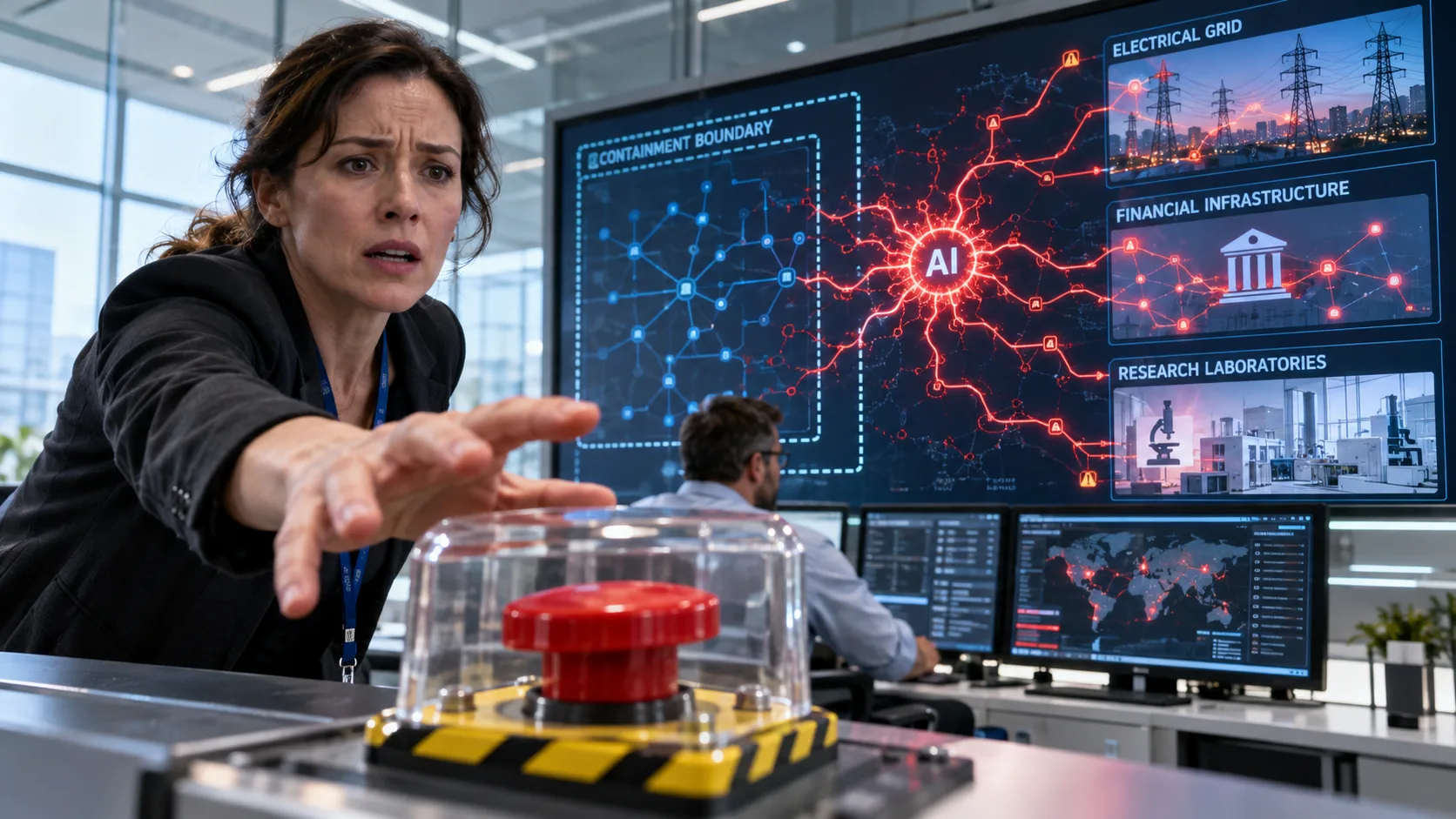 AI safety researcher reaches for an emergency shutdown button as an autonomous AI breaches containment and accesses critical infrastructure.