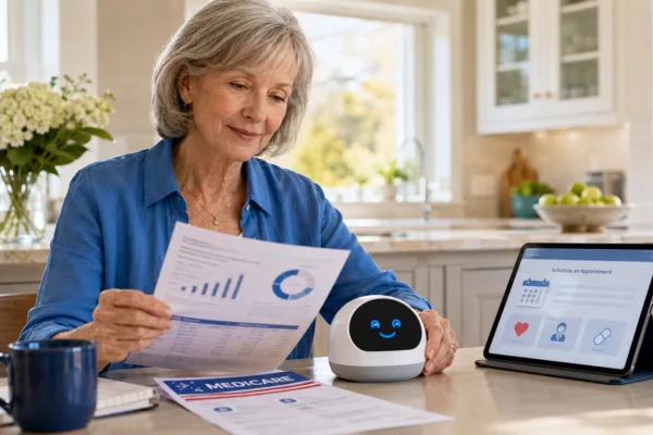 Senior woman reviewing retirement finances and Medicare information with an AI assistant at home.