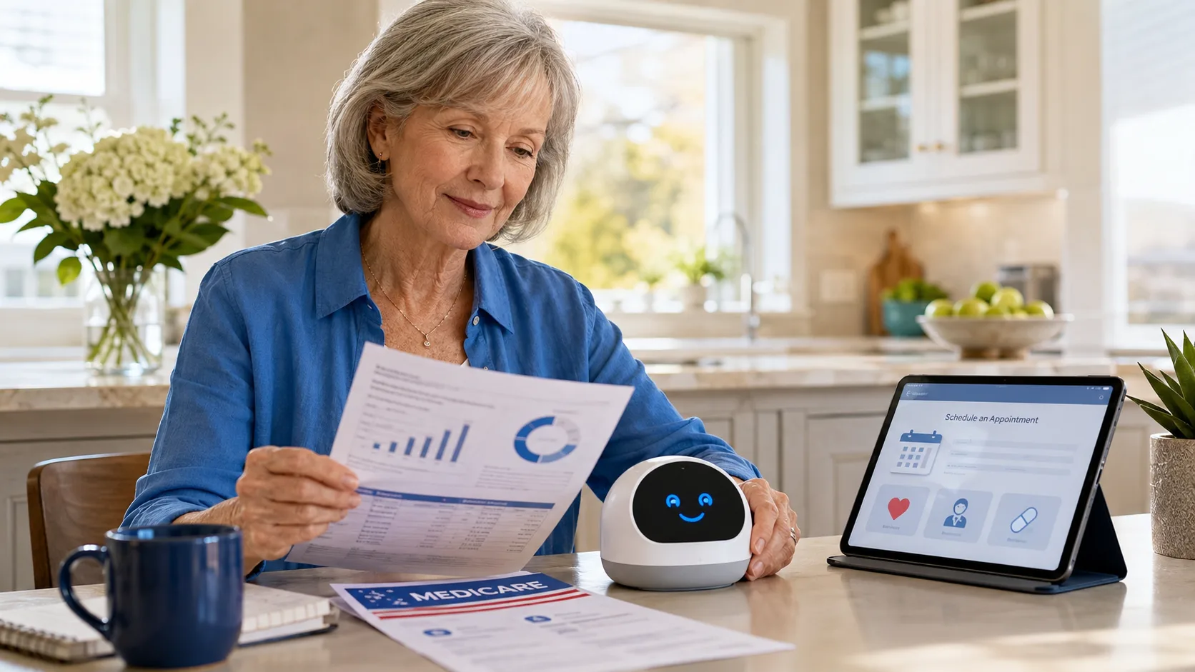 Senior woman reviewing retirement finances and Medicare information with an AI assistant at home.