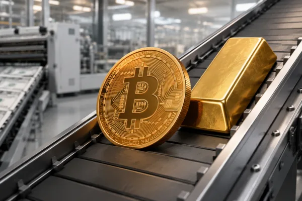 Bitcoin and gold move upward together as U.S. dollars are printed, illustrating their record correlation in the debasement trade.