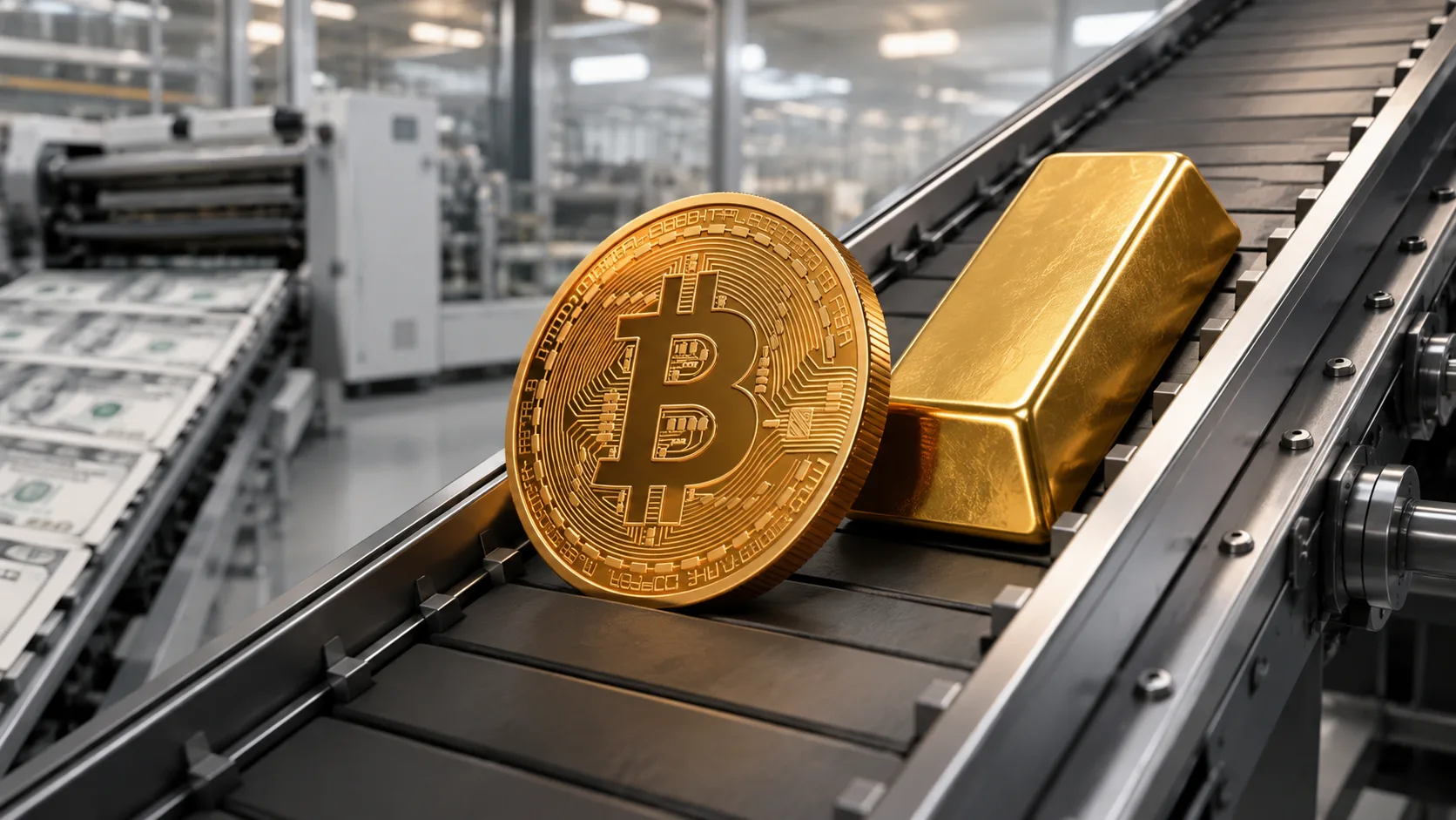 Bitcoin and gold move upward together as U.S. dollars are printed, illustrating their record correlation in the debasement trade.
