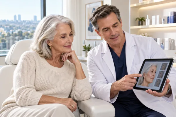 Baby boomer woman discussing cosmetic surgery options with a plastic surgeon at a medical aesthetics clinic