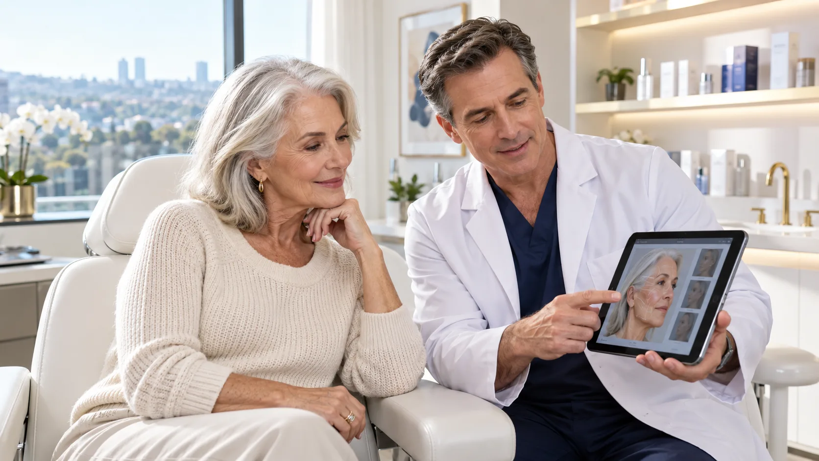 Baby boomer woman discussing cosmetic surgery options with a plastic surgeon at a medical aesthetics clinic