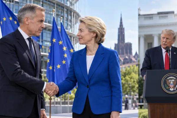Mark Carney and Ursula von der Leyen shake hands as Donald Trump speaks from a White House podium amid Canada-EU trade tensions.