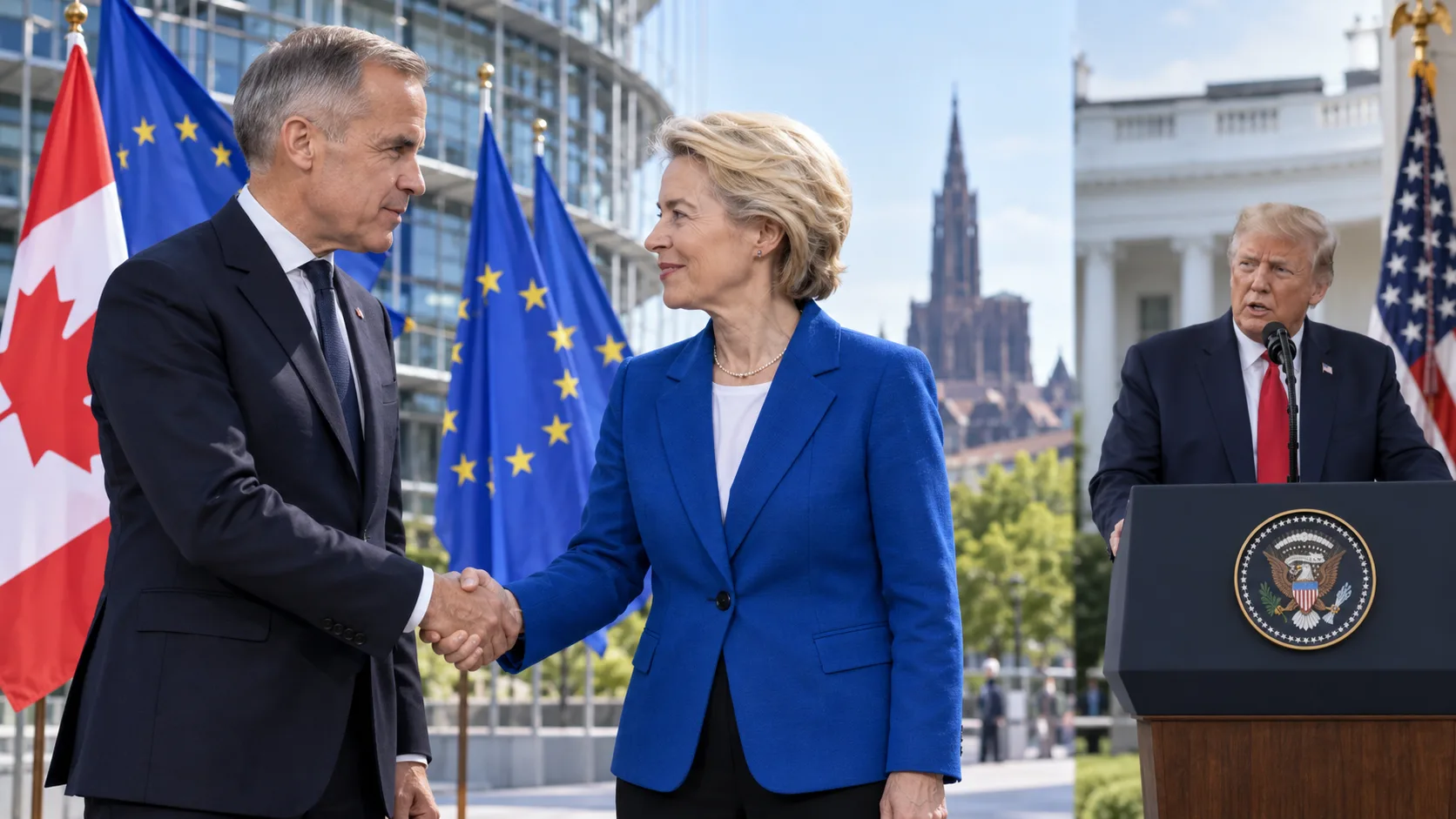 Mark Carney and Ursula von der Leyen shake hands as Donald Trump speaks from a White House podium amid Canada-EU trade tensions.