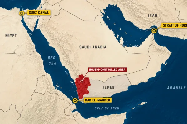 Map showing Houthi-controlled areas of Yemen near the Bab el-Mandeb, Red Sea, Suez Canal and Strait of Hormuz shipping routes.