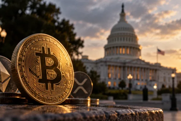 Bitcoin, Ethereum and XRP coins in front of the U.S. Capitol as the Senate considers the CLARITY Act.