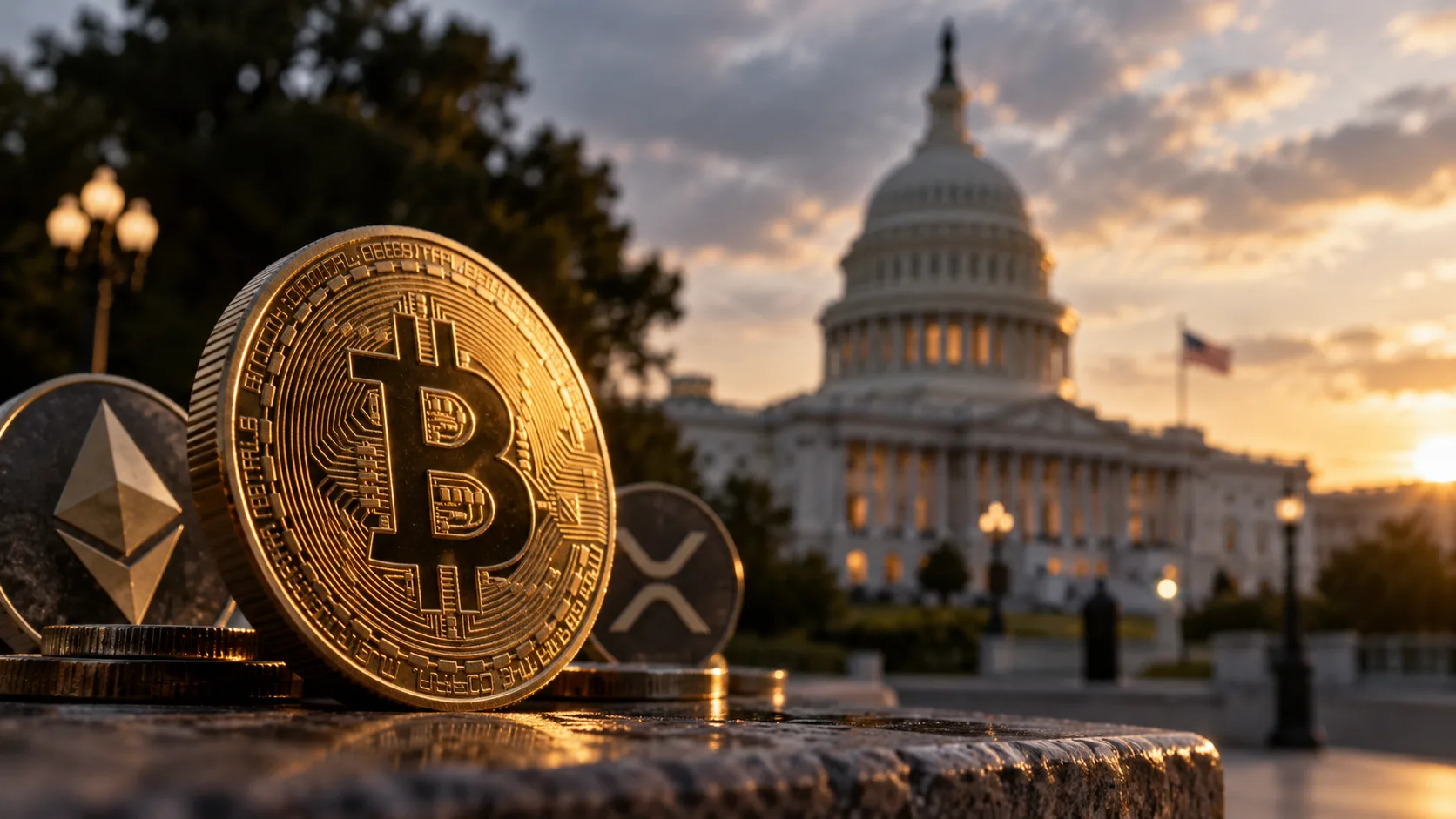Bitcoin, Ethereum and XRP coins in front of the U.S. Capitol as the Senate considers the CLARITY Act.