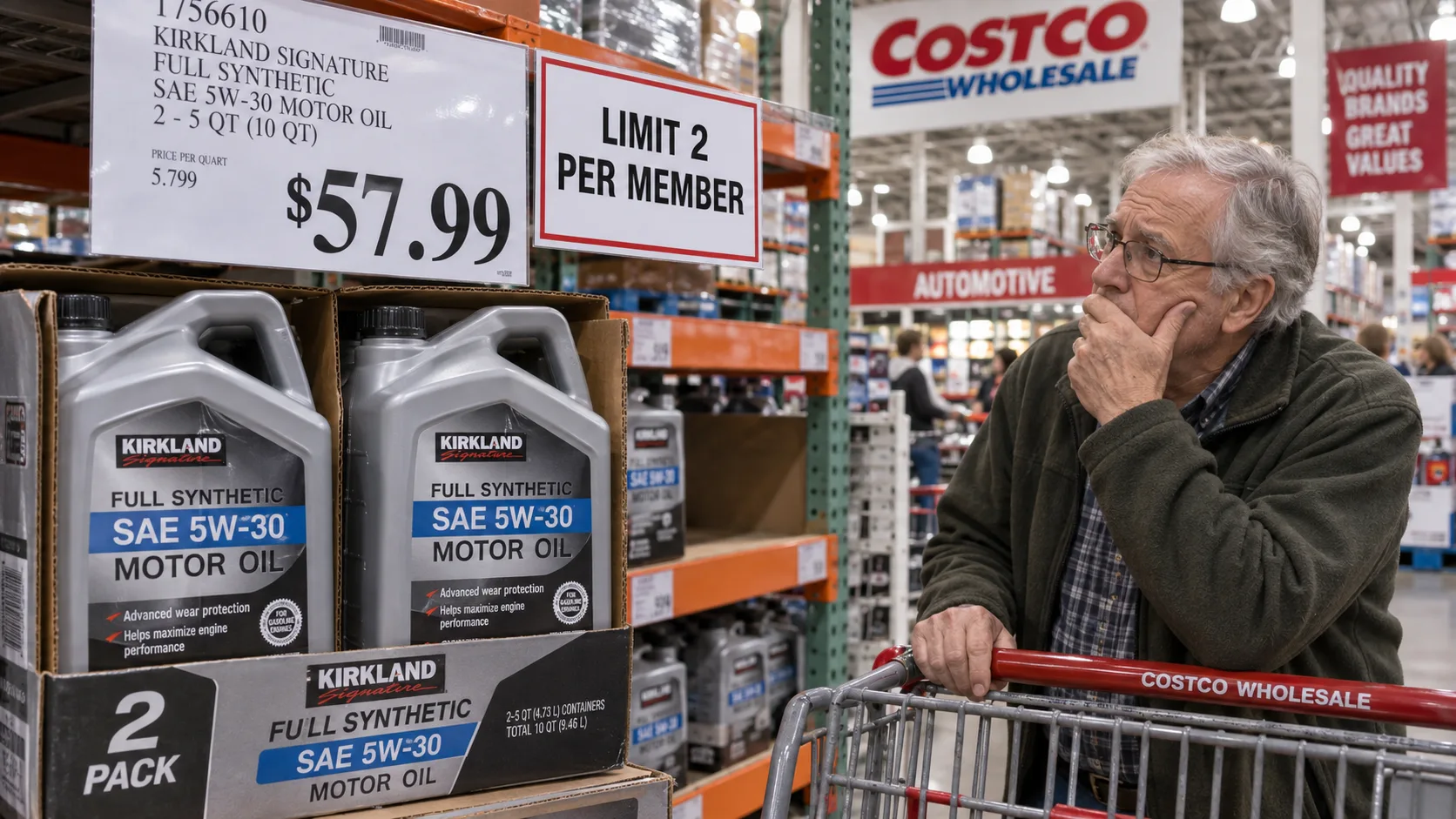 Costco limits Kirkland Signature synthetic motor oil purchases to two per member as the price rises to $57.99.