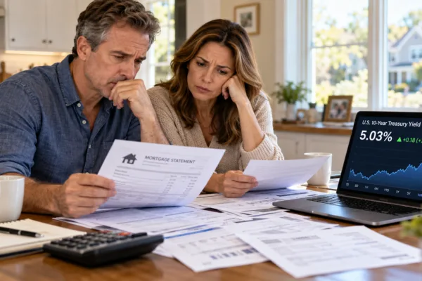 Middle-aged couple reviewing mortgage bills as the 10-year Treasury yield rises above 5%.