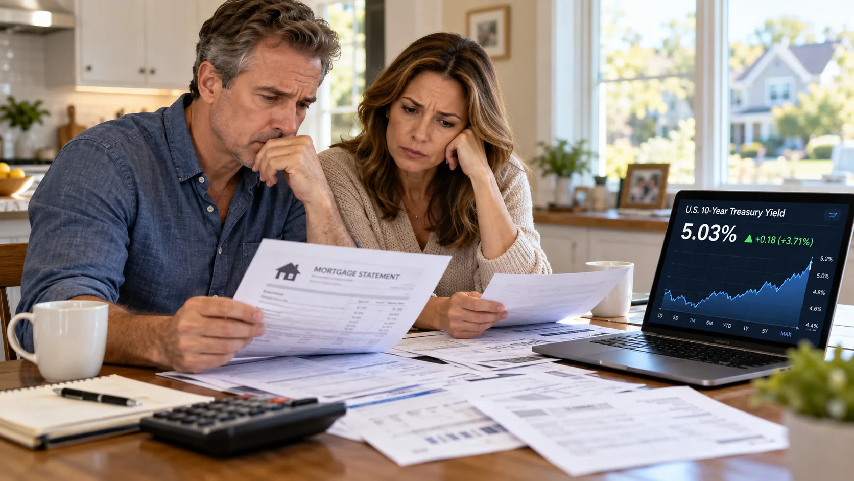 Middle-aged couple reviewing mortgage bills as the 10-year Treasury yield rises above 5%.