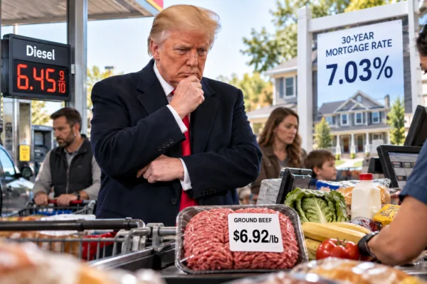 Donald Trump at a grocery checkout with $6.45 diesel, $6.92 ground beef and a 7.03% mortgage rate, highlighting the U.S. affordability crisis.
