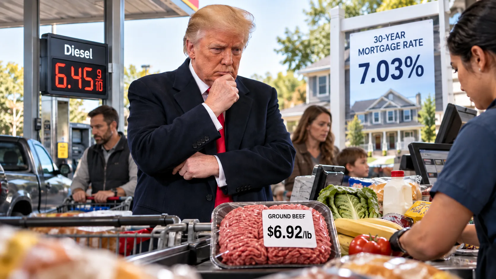 Donald Trump at a grocery checkout with $6.45 diesel, $6.92 ground beef and a 7.03% mortgage rate, highlighting the U.S. affordability crisis.