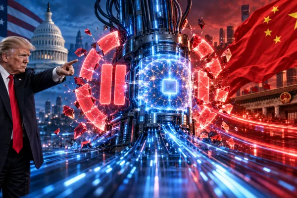 Donald Trump points toward an AI system breaking through a pause symbol between prominent American and Chinese flags.